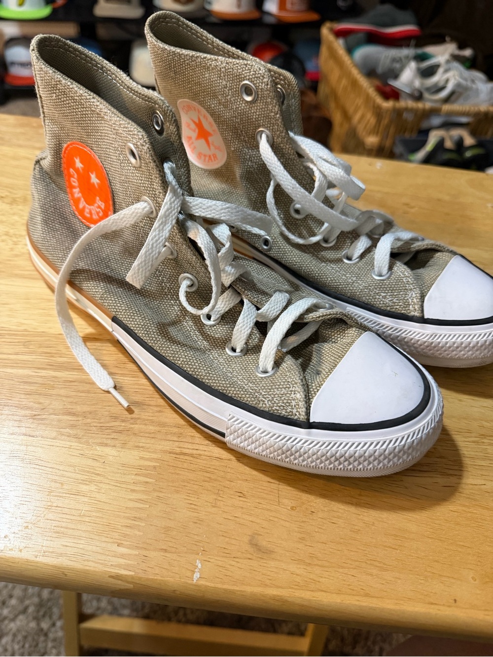 Converse High-Top Sneakers in Beige with Orange Patch